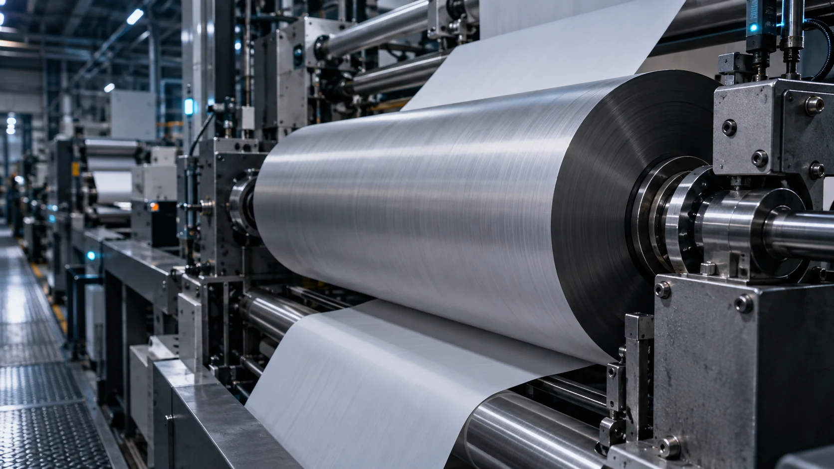 Vue illustrative de rouleaux et de composants mécaniques d’une ligne de production industrielle.